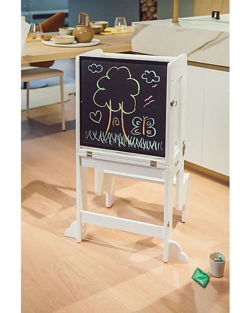 Family Nation 3 in 1 Montessori Learning Tower - White - Magnetic Board - Converts in Table+Chair Montessori Towers