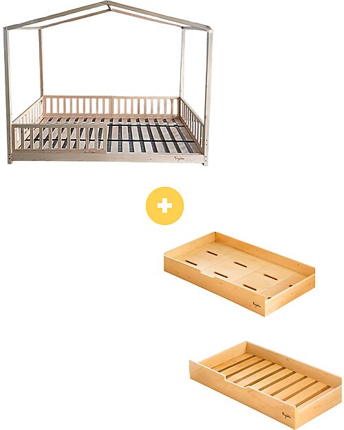 Family Nation 4-in-1 Evi Convertible Montessori Bed + 2-in-1 Evi Montessori Pull-out Bed and Drawer - All Included - 200 x 90 cm - From Birth to 99 Year Montessori Beds