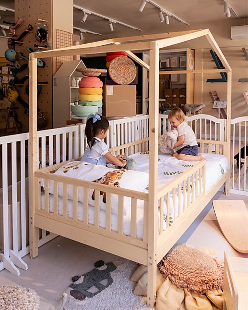 Family Nation 4-in-1 Evi Convertible Montessori Bed + 2-in-1 Evi Montessori Pull-out Bed and Drawer - All Included - 200 x 90 cm - From Birth to 99 Year Montessori Beds