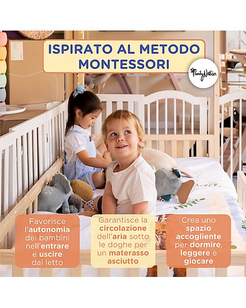 Family Nation 4-in-1 Evi Convertible Montessori Bed – 200x90 cm – All Included – From Birth to 99 Years Montessori Beds