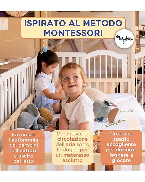 Family Nation 4-in-1 Evi Convertible Montessori Bed – 200x90 cm – All Included – From Birth to 99 Years Montessori Beds