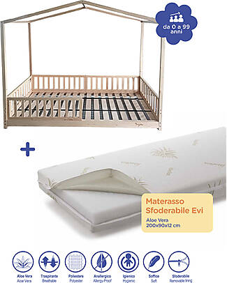 Family Nation Evi 4-in-1 Evolutionary Montessori Bed - All Inclusive 200x90 + Evi Mattress with Removable Cover - Aloe Vera - 200x90x12 cm Montessori Beds