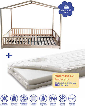 Family Nation Evi 4-in-1 Evolutionary Montessori Bed - All Inclusive 200x90cm + Evi Removable Mattress - Anti-mite and Hypoallergenic - 200x90x14cm Montessori Beds