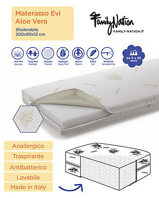 Family Nation Evi Mattress with Removable Cover - 200x90x12 cm - Aloe Vera Mattresses