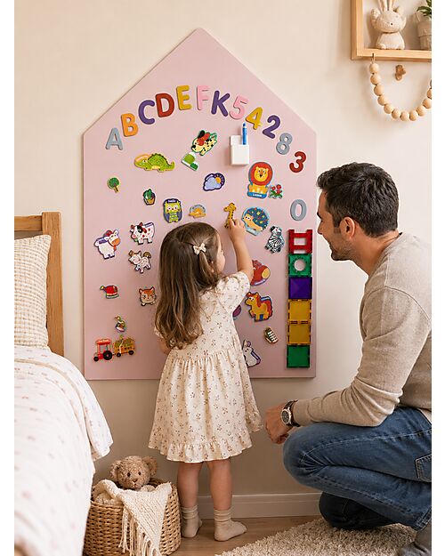 Family Nation MagneKids™ Magnetic Wall Board - House Shape - 70x44 cm - Dusty Pink - Easy Installation Without Holes Magnetic Games