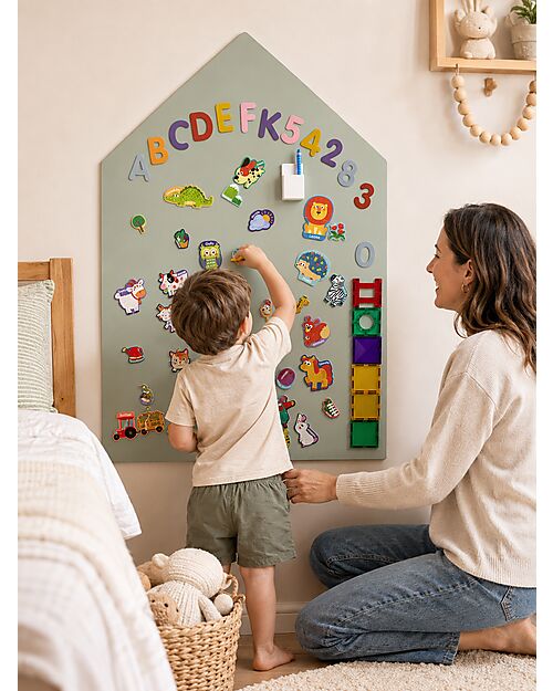 Family Nation MagneKids™ Magnetic Wall Board - House Shape - 70x44 cm - Sage Green - Easy Installation Without Holes Magnetic Games