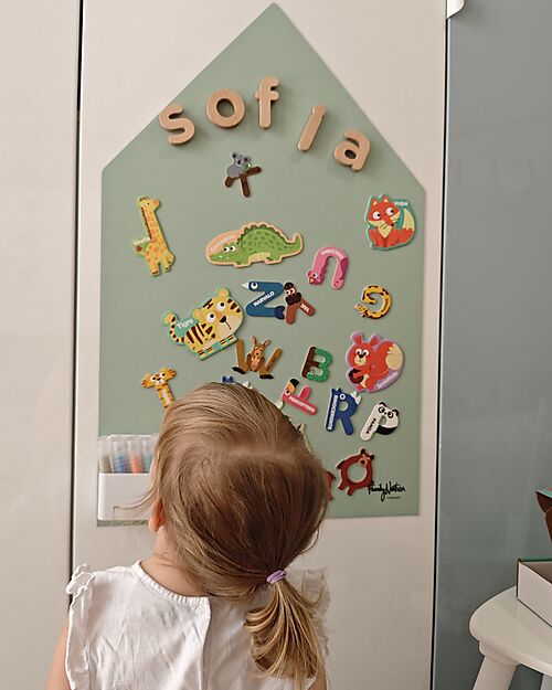Family Nation MagneKids™ Magnetic Wall Board - House Shape - 70x44 cm - Sage Green - Easy Installation Without Holes Magnetic Games