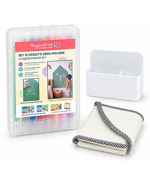 Family Nation MagneKids™ Set of 12 Dust-Free Chalks with Cloth and Magnetic Chalk Holder - Washable and Non-Toxic Chalks Magnetic Games