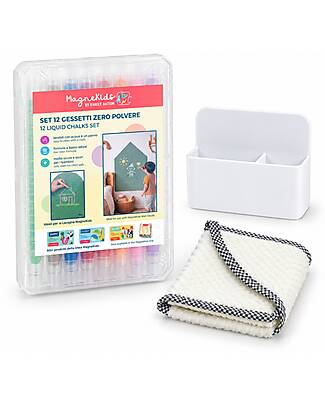 Family Nation MagneKids™ Set of 12 Dust-Free Chalks with Cloth and Magnetic Chalk Holder - Washable and Non-Toxic Chalks Magnetic Games
