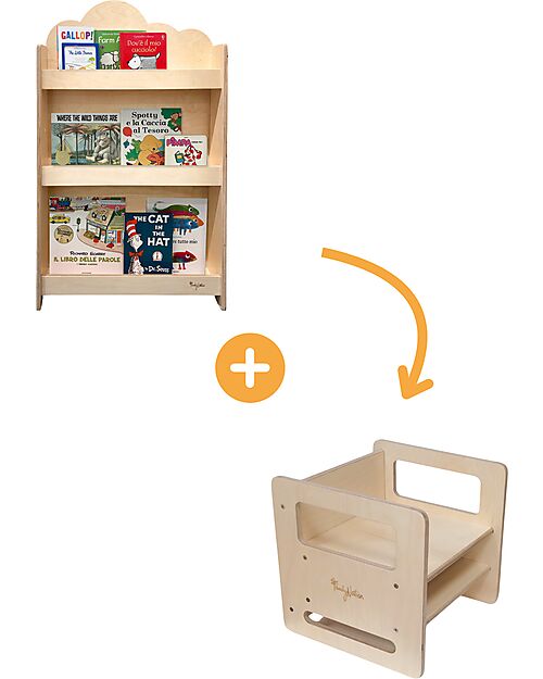 Family Nation Montessori Frontal Bookcase - Cloud - Birch Wood + Adjustable Montessori Chair - Natural - Birch Wood - Grows with your child Montessori Bookcases
