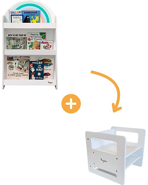 Family Nation Montessori Frontal Bookcase - Rainbow - Sunny Beach + Adjustable Montessori Chair - White - Grows with your child Montessori Bookcases