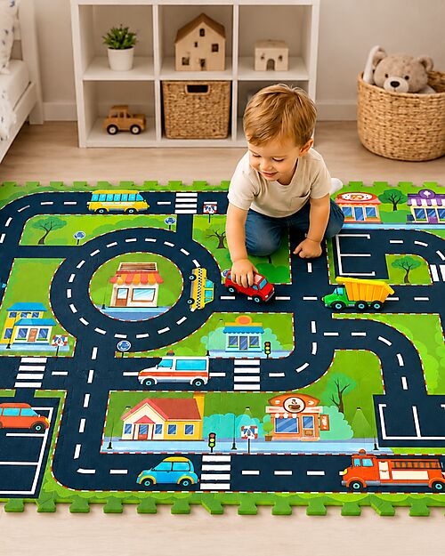 Family Nation Montessori Puzzle Play Mat - City - 12 Pieces - Soft and Safe from Birth – 120x90,5 cm – From Birth Puzzle Mats
