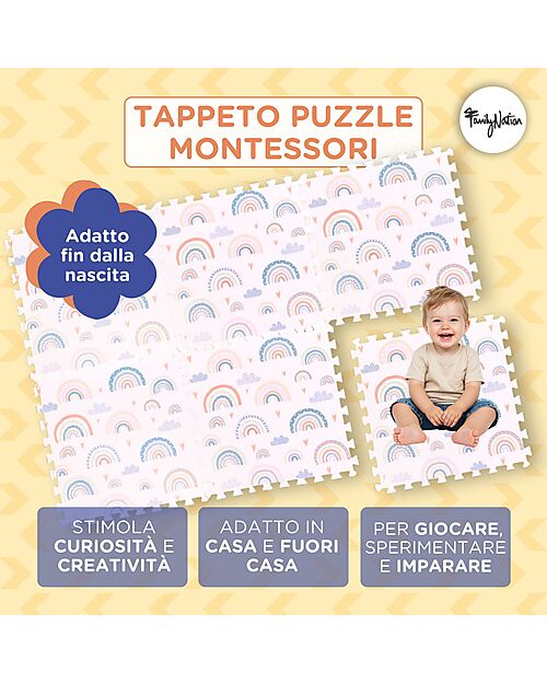 Family Nation Montessori Puzzle Play Mat - Rainbow - 6 Pieces - Soft and Safe from Birth – 175x117 cm – From Birth Puzzle Mats