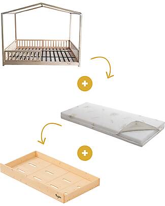 Family Nation Set 3: Evi Convertible Montessori Bed 140x70cm + Drawer + 11cm Aloe Vera Mattress Montessori Beds