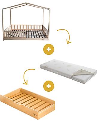 Family Nation Set 3: Evi Evolutionary Montessori Bed 200x90cm + Bed/Drawer + 12cm Aloe Vera Mattress Montessori Beds