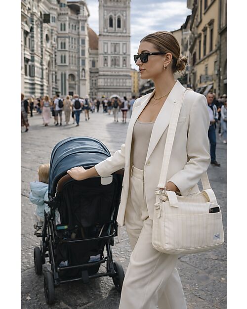 Family Nation Stroller Organizer Bag - Stripes - Beige - 100% Cotton - Compatible with All Strollers Organize and Bags