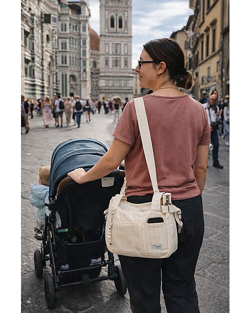 Family Nation Stroller Organizer Bag - Stripes - Beige - 100% Cotton - Compatible with All Strollers Organize and Bags