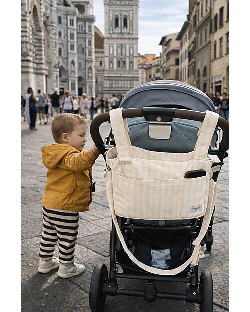Family Nation Stroller Organizer Bag - Stripes - Beige - 100% Cotton - Compatible with All Strollers Organize and Bags