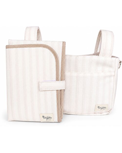 Family Nation Stroller Organizer Bag - Stripes - Beige - 100% Cotton - Compatible with All Strollers Organize and Bags