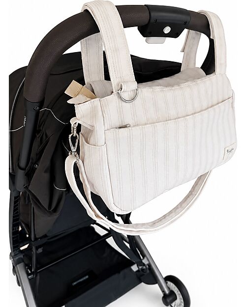 Family Nation Stroller Organizer Bag - Stripes - Beige - 100% Cotton - Compatible with All Strollers Organize and Bags