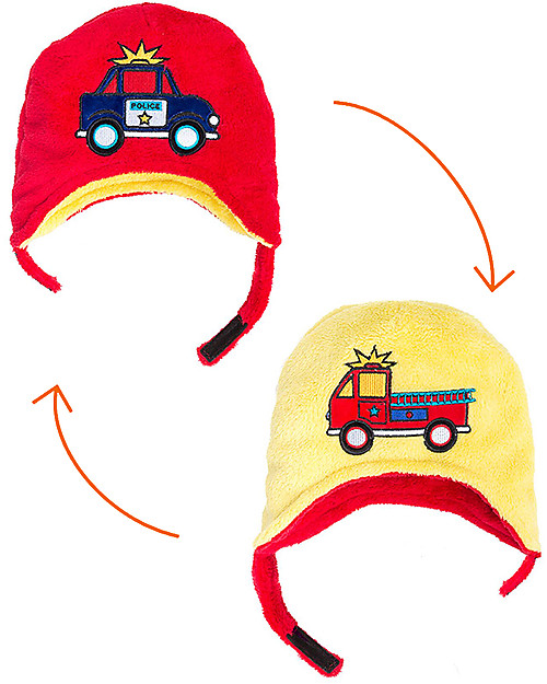 FlapJackKids Reversable Fleece Winter Hat - Fire Truck/Police Car - SPF 50+ Winter Hats