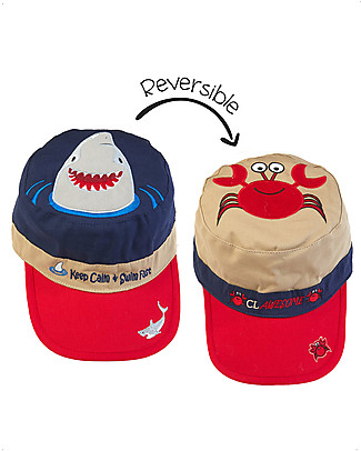FlapJackKids Reversible Kids Cap SPF 50 - Shark+Crab - 100% Cotton Sunhats