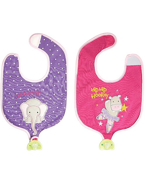 FlapJackKids Reversible Soother Bib, Hippo/Elephant - 100% Cotton Snap Bibs