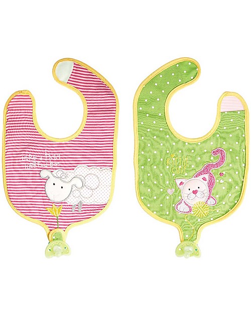 FlapJackKids Reversible Soother Bib, Kitten/Lamb - 100% Cotton Snap Bibs
