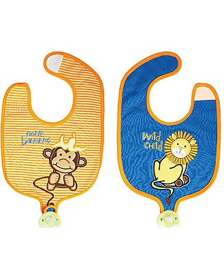 FlapJackKids Reversible Soother Bib, Lion/Monkey - 100% Cotton Snap Bibs