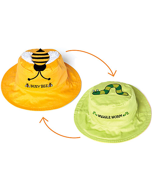 FlapJackKids Reversible Summer Hat Anti-UV UPF 50+, Bee+Worm - 100% cotton Sunhats
