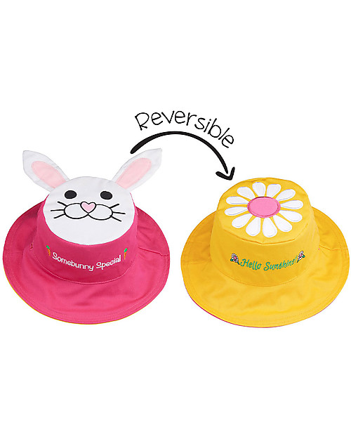 FlapJackKids Reversible Summer Hat Anti-UV UPF 50+, Bunny+Daisy - 100% cotton Sunhats
