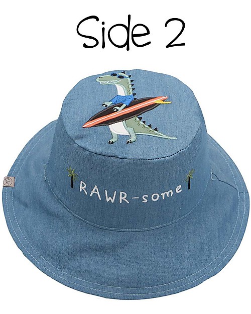 FlapJackKids Reversible Summer Hat Anti-UV UPF 50+ - Dino+Surfer Dino - 100% Cotton Sunhats