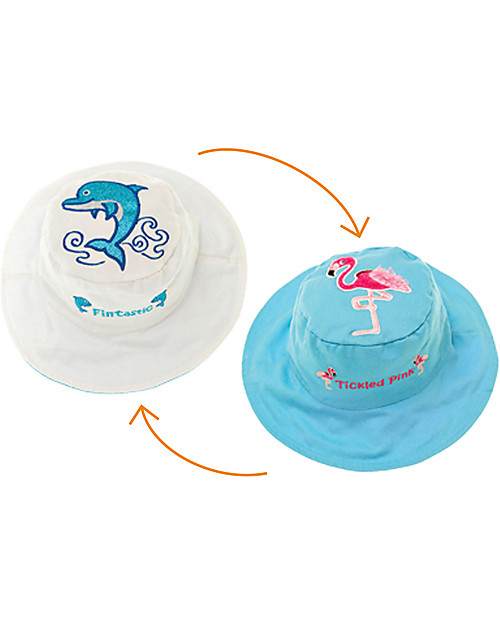 FlapJackKids Reversible Summer Hat Anti-UV UPF 50+, Dolphin+Flamingo - 100% cotton Sunhats