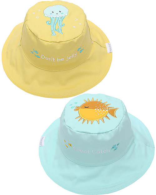 FlapJackKids Reversible Summer Hat Anti-UV UPF 50+ Fish+JellyFish - 100% cotton Sunhats