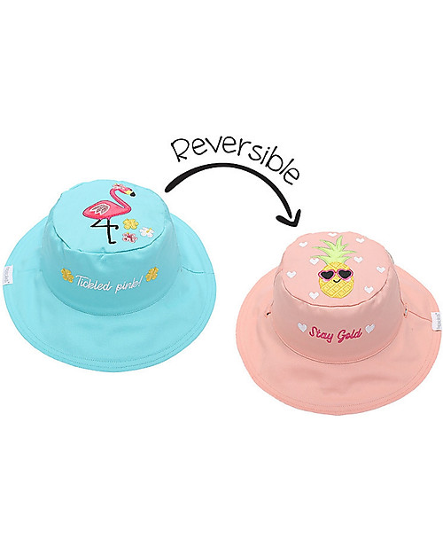FlapJackKids Reversible Summer Hat Anti-UV UPF 50+ Flamingo+Pineapple - 100% cotton Sunhats