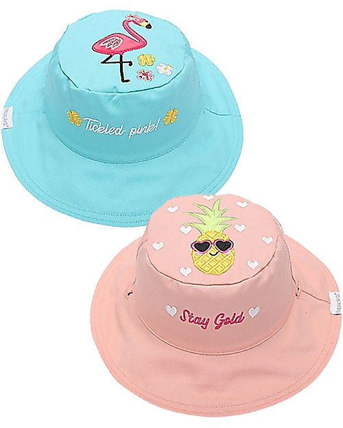 FlapJackKids Reversible Summer Hat Anti-UV UPF 50+ Flamingo+Pineapple - 100% cotton Sunhats