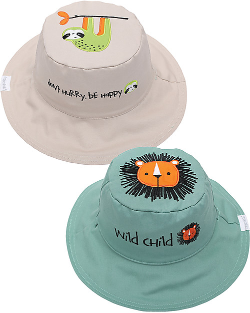 FlapJackKids Reversible Summer Hat Anti-UV UPF 50+ Lion+Sloth - 100% cotton Sunhats