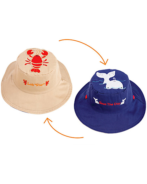 FlapJackKids Reversible Summer Hat Anti-UV UPF 50+, Lobster+Whale - 100% cotton Sunhats