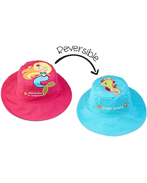 FlapJackKids Reversible Summer Hat Anti-UV UPF 50+ Mermaid+Seahorse - 100% cotton Sunhats