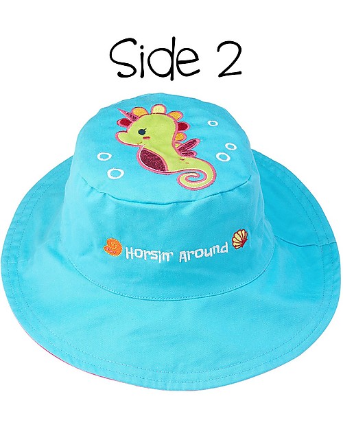 FlapJackKids Reversible Summer Hat Anti-UV UPF 50+ Mermaid+Seahorse - 100% cotton Sunhats