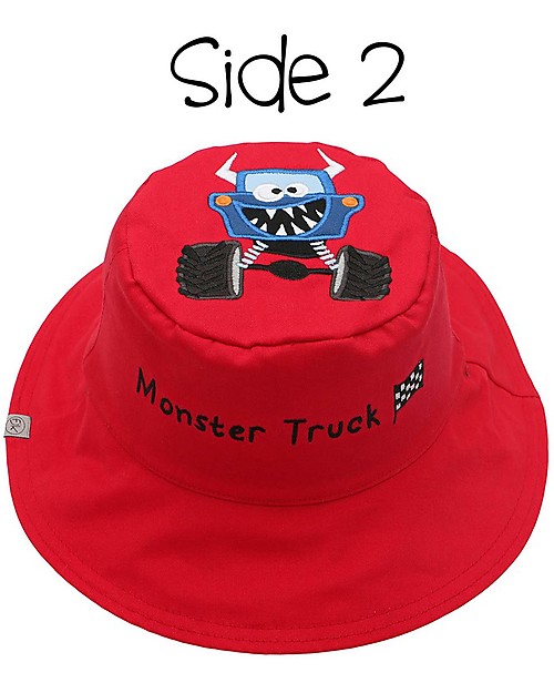 FlapJackKids Reversible Summer Hat Anti-UV UPF 50+ - Monster+Car - 100% Cotton Sunhats
