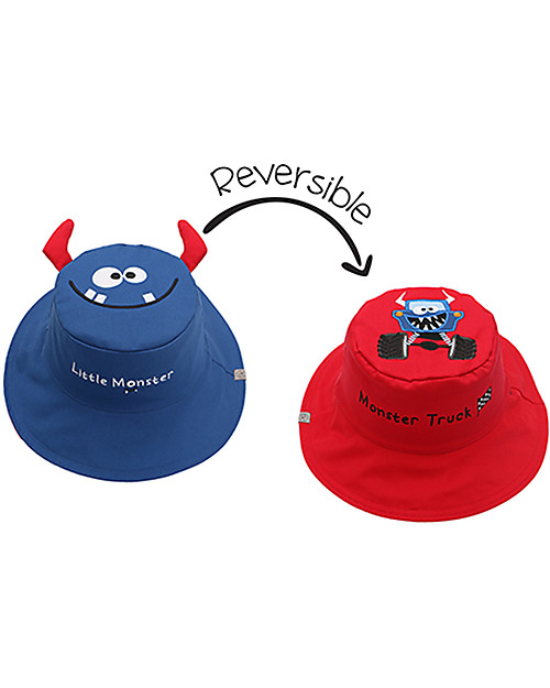 FlapJackKids Reversible Summer Hat Anti-UV UPF 50+ - Monster+Car - 100% Cotton Sunhats