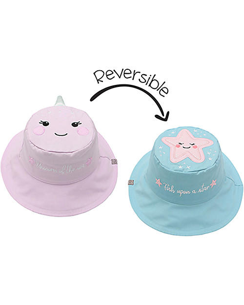 FlapJackKids Reversible Summer Hat Anti-UV UPF 50+ - Narwhal+Starfish - 100% Cotton Sunhats