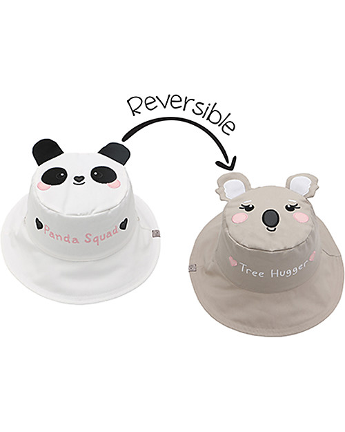 FlapJackKids Reversible Summer Hat Anti-UV UPF 50+ - Panda+Koala - 100% Cotton - New Design Sunhats