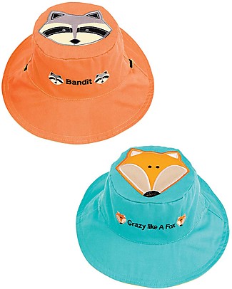 FlapJackKids Reversible Summer Hat Anti-UV UPF 50+, Raccoon+Fox - 100% cotton Sunhats