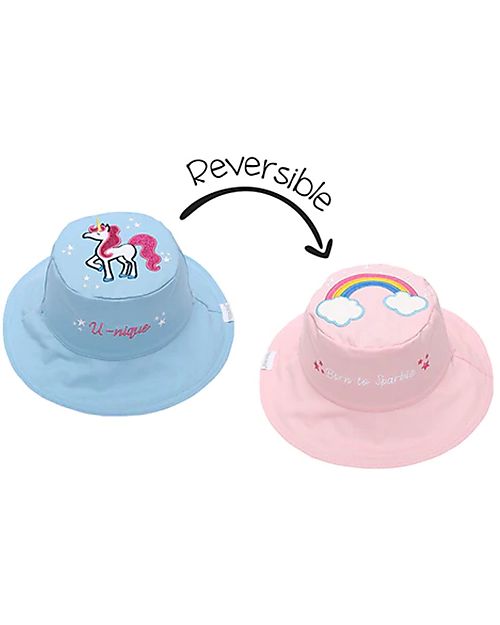 FlapJackKids Reversible Summer Hat Anti-UV UPF 50+ - Rainbow+Unicorn - 100% Cotton Sunhats