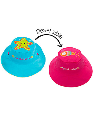 FlapJackKids Reversible Summer Hat Anti-UV UPF 50+, Starfish+Fish - 100% cotton Sunhats