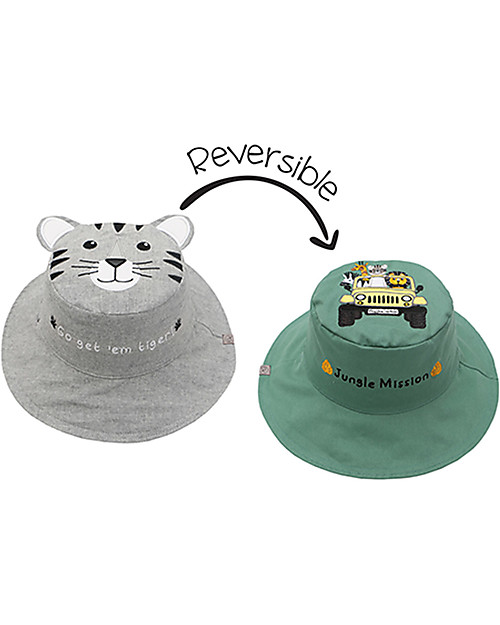 FlapJackKids Reversible Summer Hat Anti-UV UPF 50+ - Tiger+Safari - 100% Cotton Sunhats