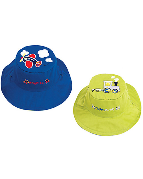 FlapJackKids Reversible Summer Hat Anti-UV UPF 50+, Train+Plane - 100% cotton Sunhats