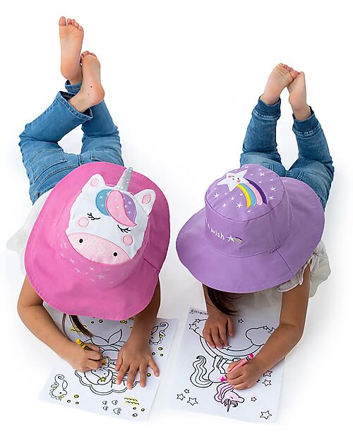 FlapJackKids Reversible Summer Hat Anti-UV UPF 50+ - Unicorn+Star - 100% Cotton Sunhats